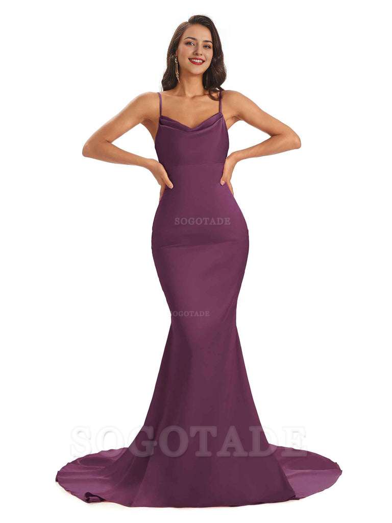Sexy Backles Soft Satin Spaghetti Straps Maxi Mermaid Bridesmaid Dresses Online prom shop dresses