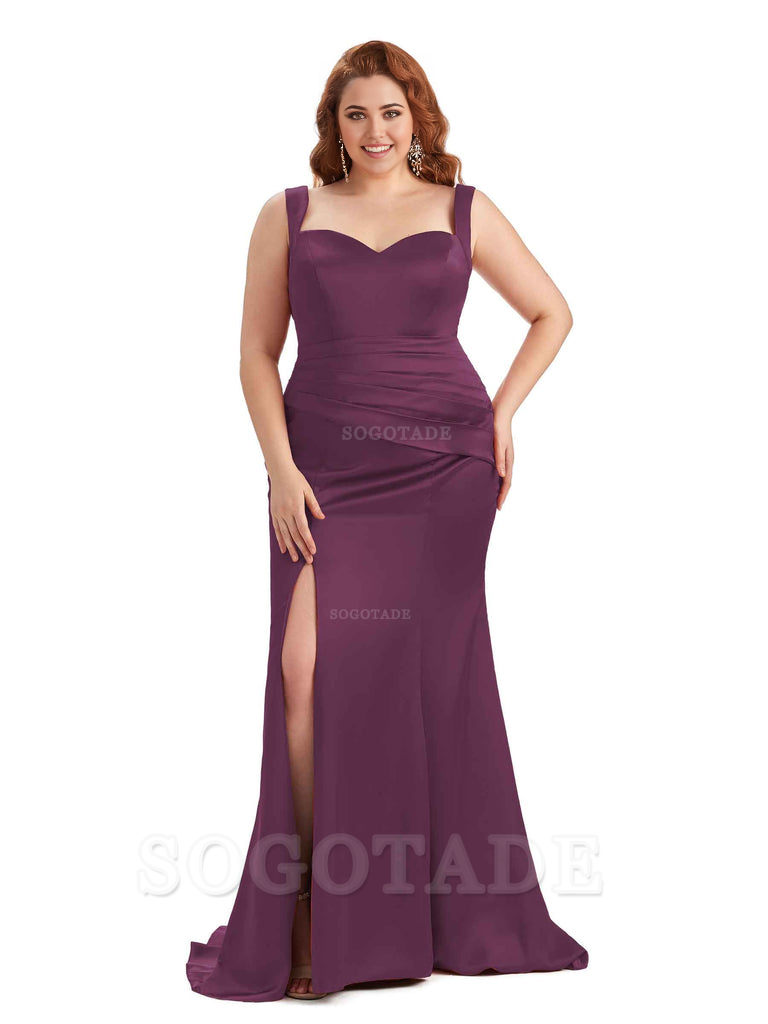 Sexy Side Slit Sleeveless Mermaid Straps Soft Satin Long Plus Size Maid of Bridesmaid Dresses