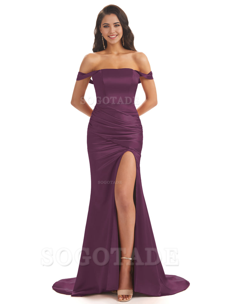 Mermaid Off Shoulder Floor-Length Satin formal dresses evening gown Bridesmaid Dresses With Side Slit 