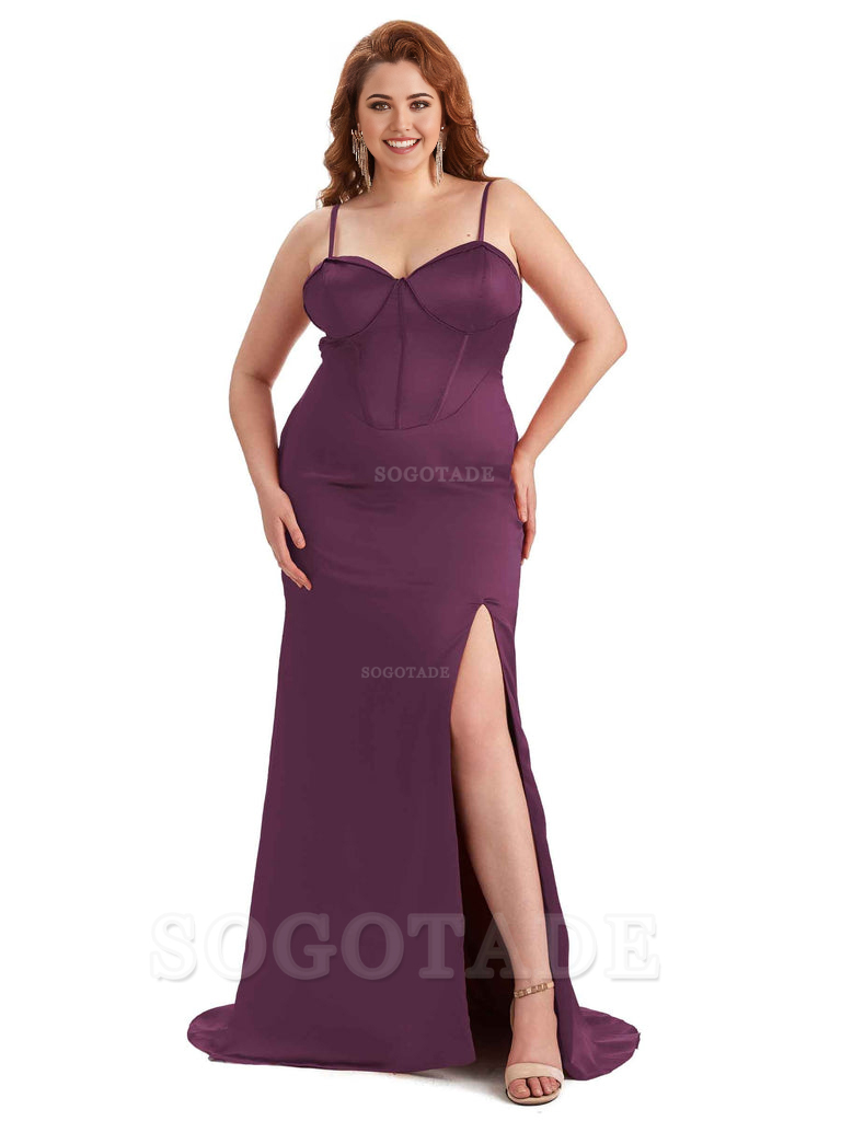 Sexy Spaghetti Straps Side Slit Sleeveless Mermaid Soft Satin Long Bridesmaid Dress Plus Size Dress To Wear to a Wedding