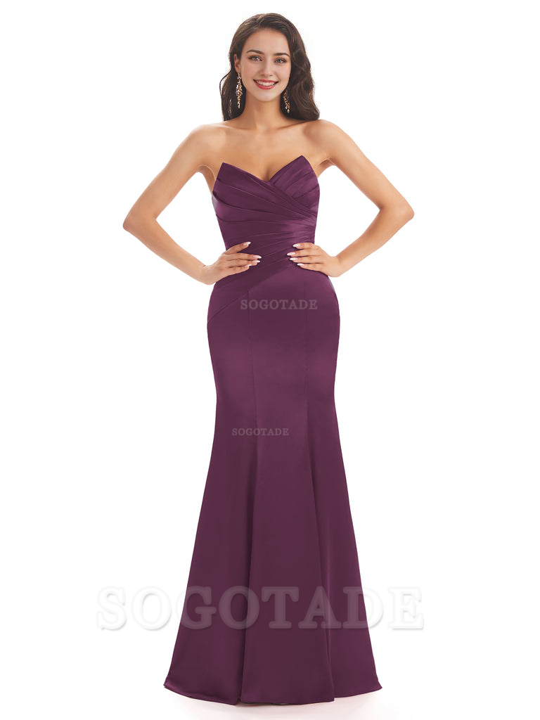 Simple Strapless Sweetheart Soft Satin Mermaid Long Bridesmaid Dresses prom shop dresses
