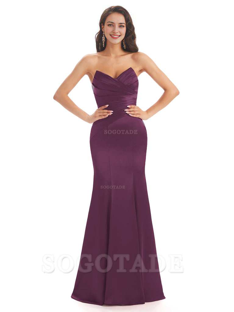 Simple Strapless Sweetheart Soft Satin Mermaid Long Bridesmaid Dresses prom shop dresses