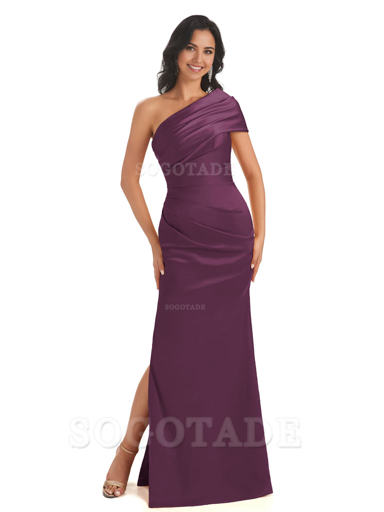 Mermaid One Shoulder Satin Long formal dresses evening gown Bridesmaid Dresses With Side Slit 
