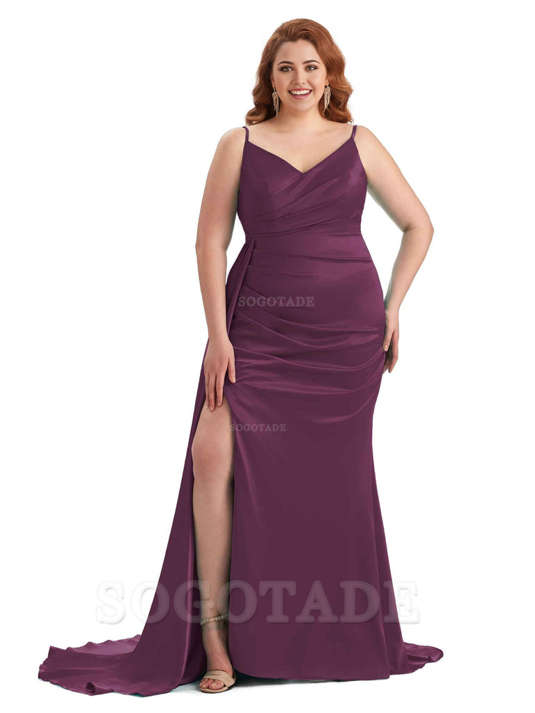 Sexy Side Slit Mermaid Spaghetti Straps V Neck Soft Satin Long Plus Size Maid of Honor Dresses 