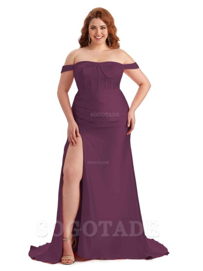 Elegant Off The Shoulder Side Slit Mermaid Soft Satin Floor Length Long Plus Size Bridesmaid Gowns