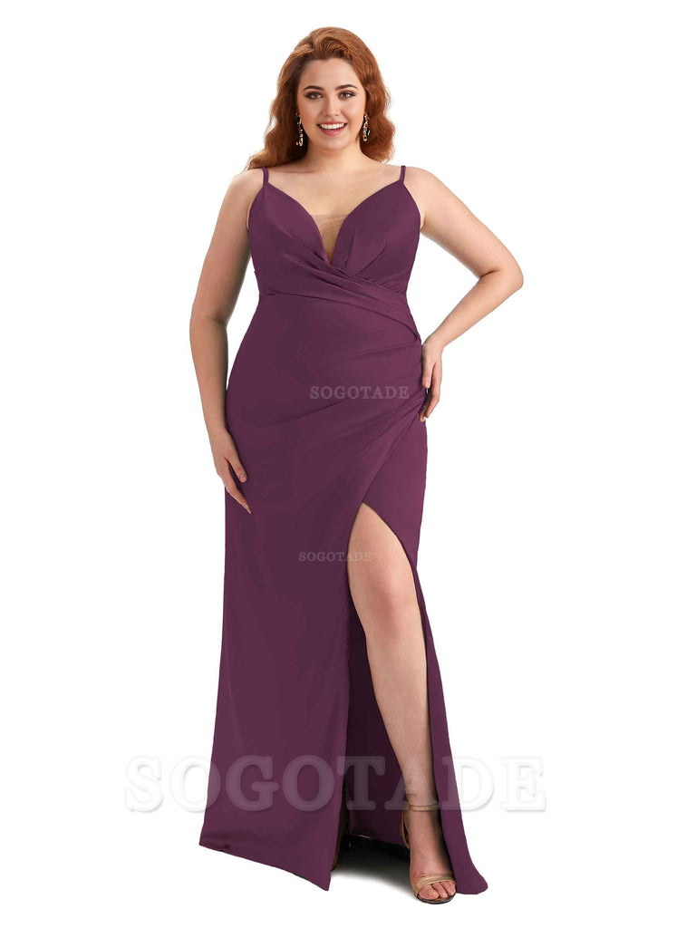 Sexy Side Slit Spaghetti Straps Sleeveless Mermaid V-neck Soft Satin Long Plus Size Bridesmaid Dress For Wedding