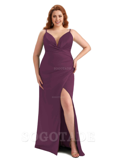 Sexy Side Slit Spaghetti Straps Sleeveless Mermaid V-neck Soft Satin Long Plus Size Bridesmaid Dress For Wedding