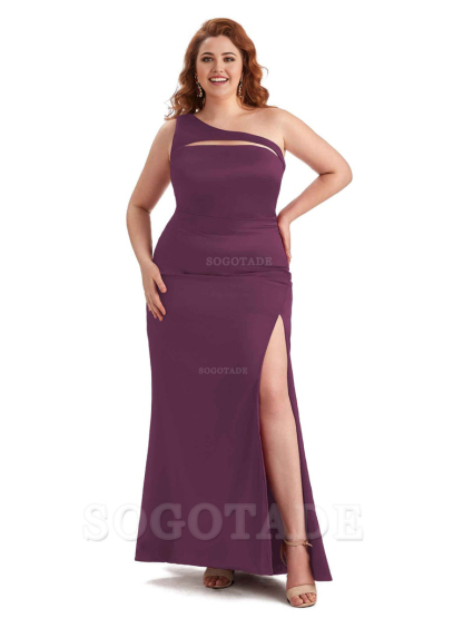 Sexy Mermaid Sleeveless One Shoulder Side Slit Soft Satin Long Plus Size Bridesmaid Dress For Wedding