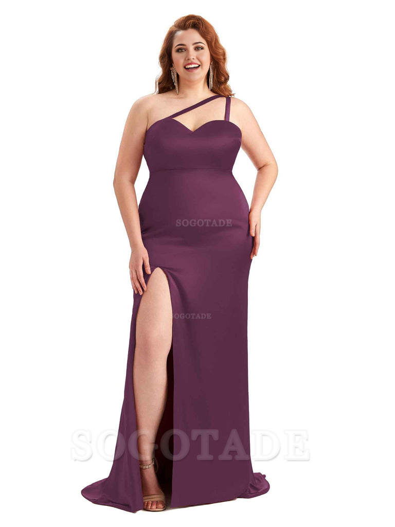 Sexy Side Slit Sleeveless Mermaid One Shoulder Soft Satin Long Plus Size Bridesmaid Dress For Wedding