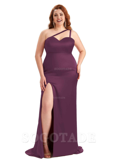 Sexy Side Slit Sleeveless Mermaid One Shoulder Soft Satin Long Plus Size Bridesmaid Dress For Wedding