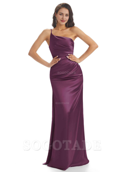 Sexy Soft Satin One Shoulder Side Slit Mermaid Long Bridesmaid Dresses prom dress shop ﻿