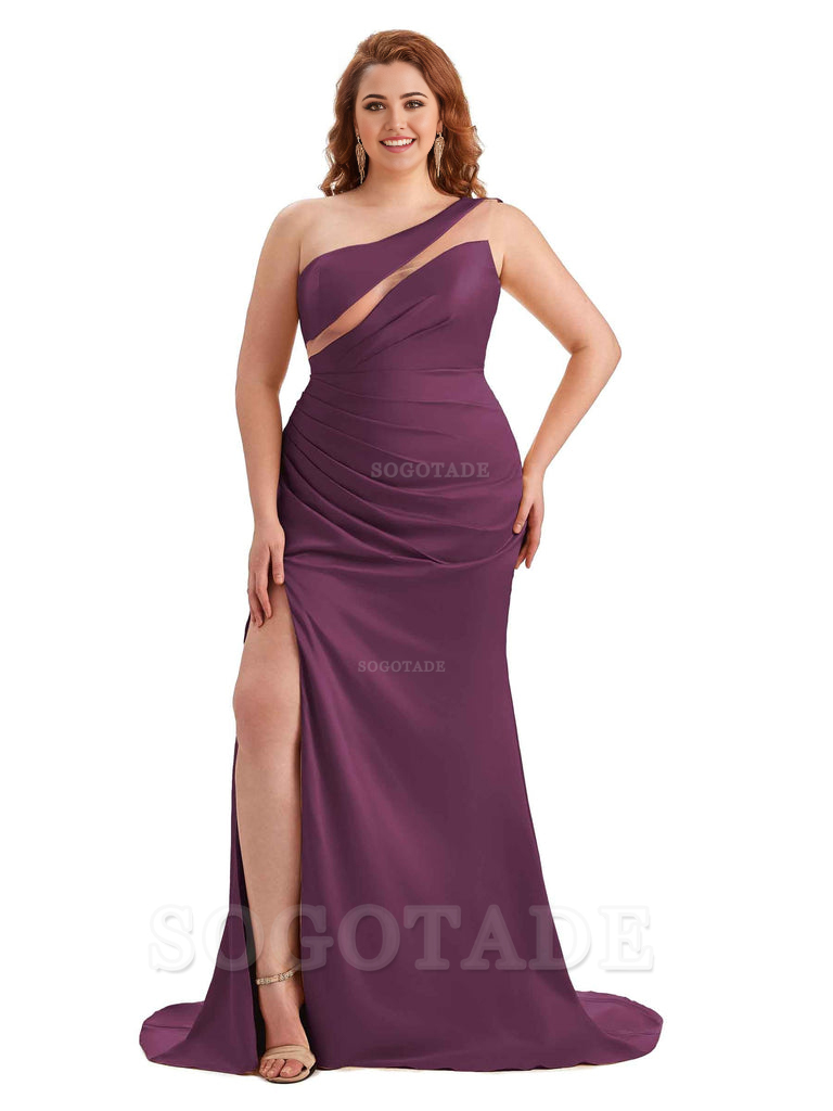 Sexy Unique Sleeveless One Shoulder Side Hight Slit Mermaid Soft Satin Long Plus Size Maid of Honour Dresses