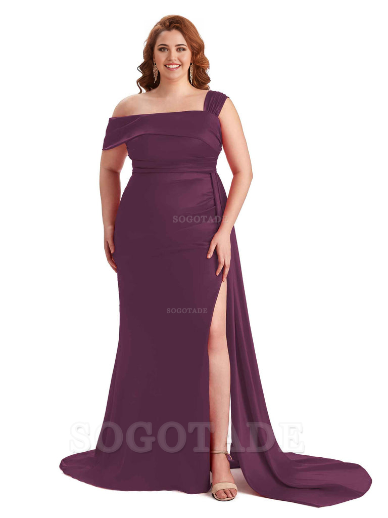 Sexy Side Hight Slit One Shoulder Mermaid Soft Satin Long Plus Size With Train Matron of Honor Dresses