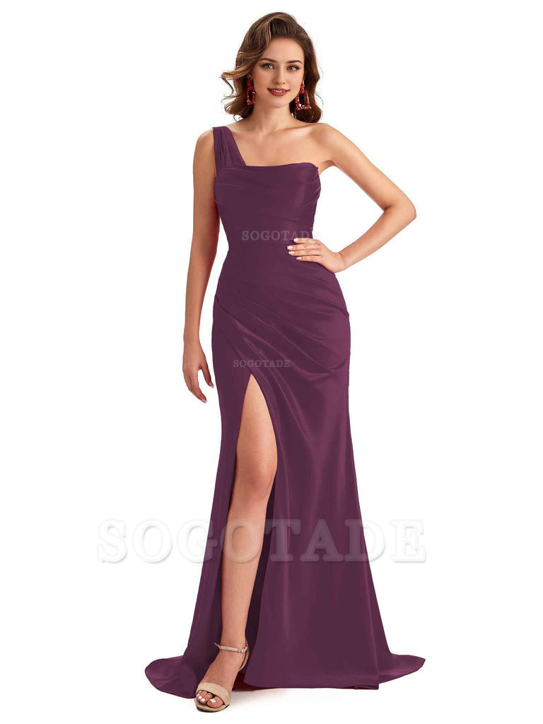 Sexy One Shoulder Side Slit Silky Satin Chic Long Mermaid Trumpet Bridesmaid Dress