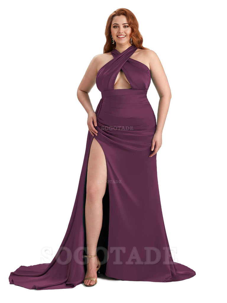 Sexy Halter Side Hight Slit Sleeveless Mermaid Soft Satin Long Plus Size Bridesmaid Dress For Wedding