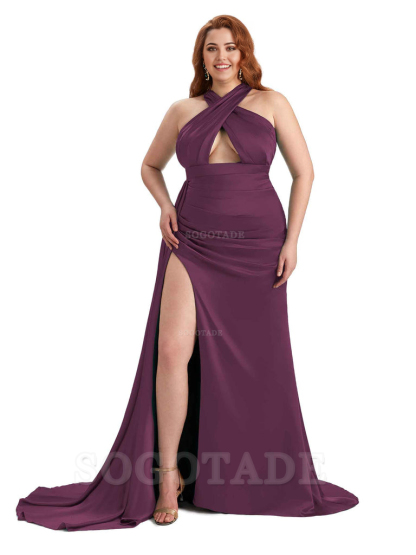 Sexy Halter Side Hight Slit Sleeveless Mermaid Soft Satin Long Plus Size Bridesmaid Dress For Wedding