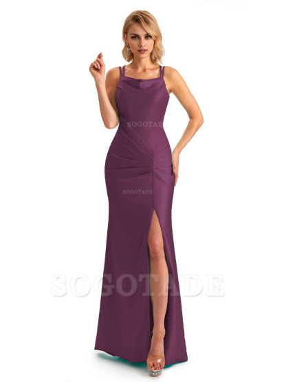 Soft Satin Spaghetti Straps Side Slit Long Unique Mermaid Beautiful Dresses For Wedding