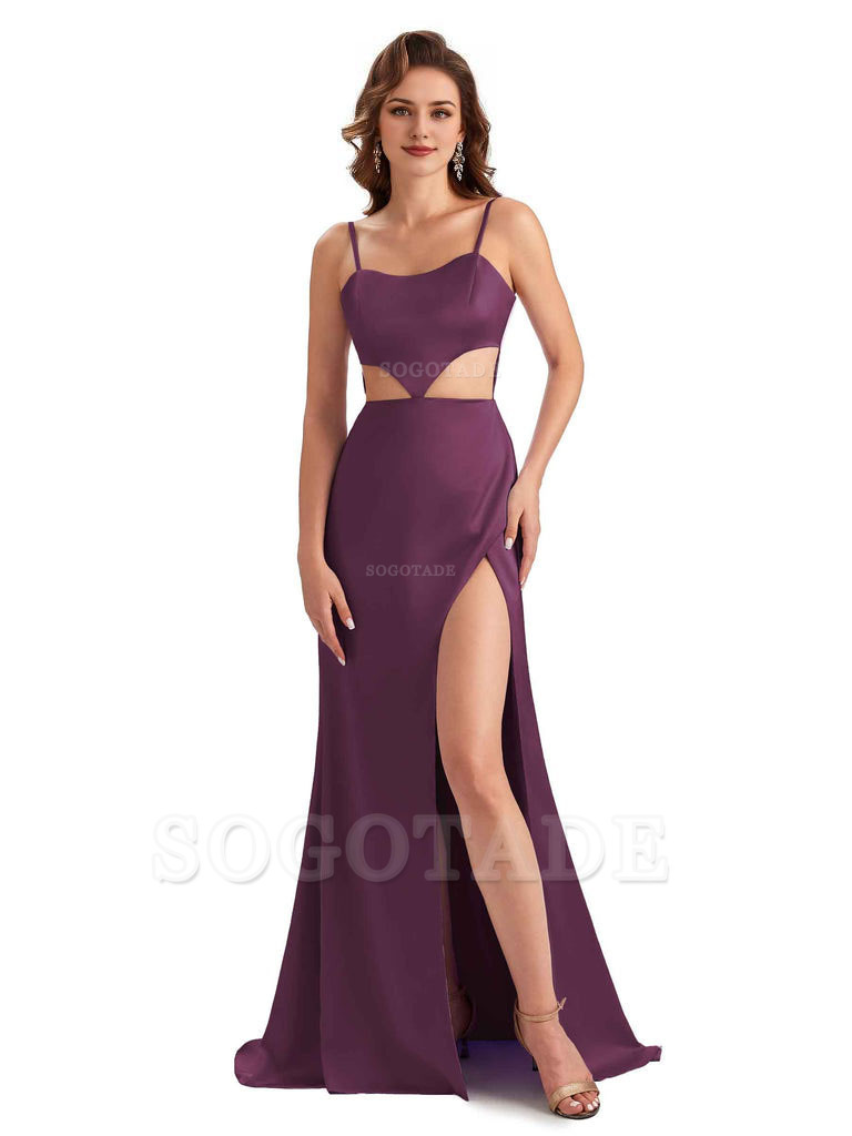 Sexy Satin Side Slit Spaghetti Straps Mermaid Long Unique Curve Wedding Guest Dresses
