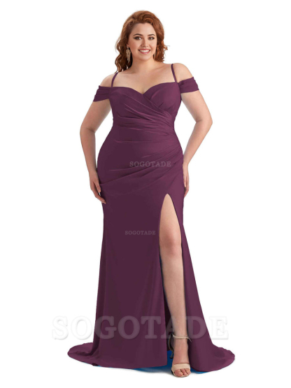Sexy Side Slit Sleeveless Cold Shoulder Mermaid Soft Satin Long Plus Size Maid of Honor Dresses