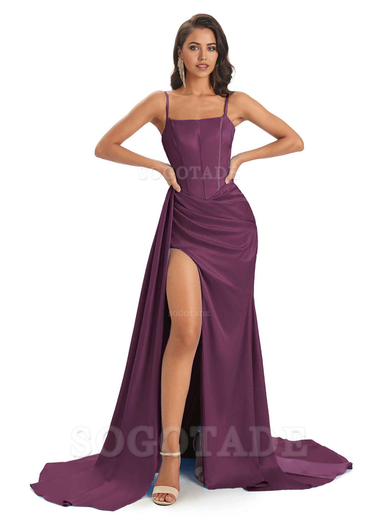 Spaghetti Straps Floor-Length Satin formal dresses evening gown Bridesmaid Dresses With Side Slit 