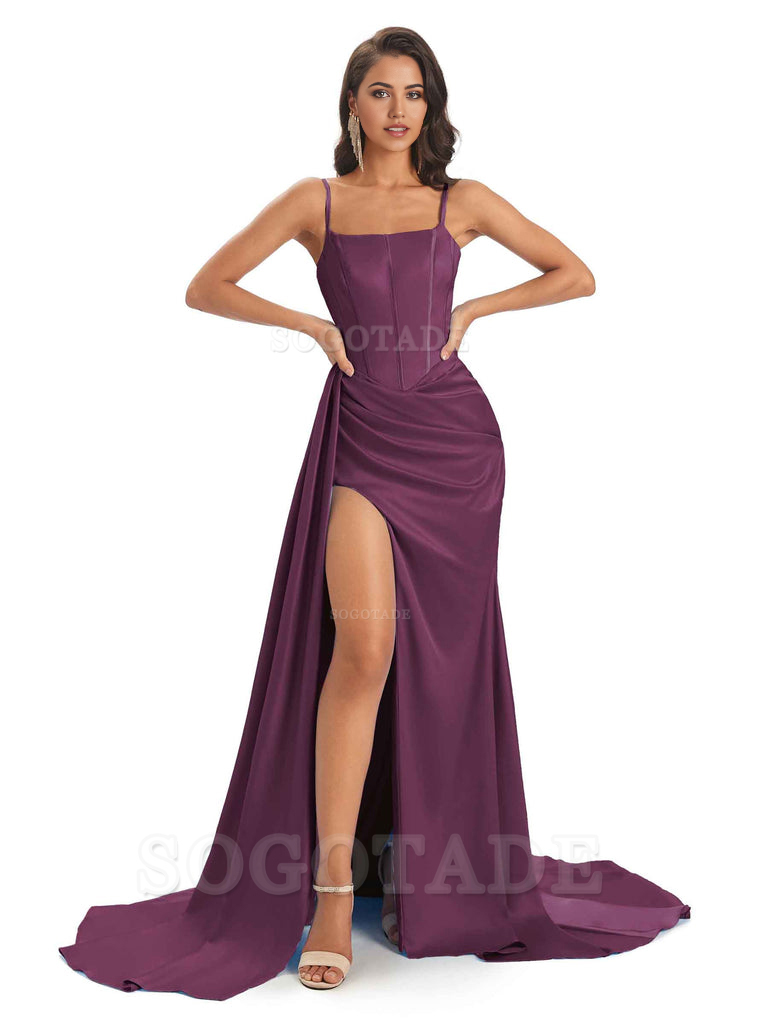 Spaghetti Straps Floor-Length Satin formal dresses evening gown Bridesmaid Dresses With Side Slit 