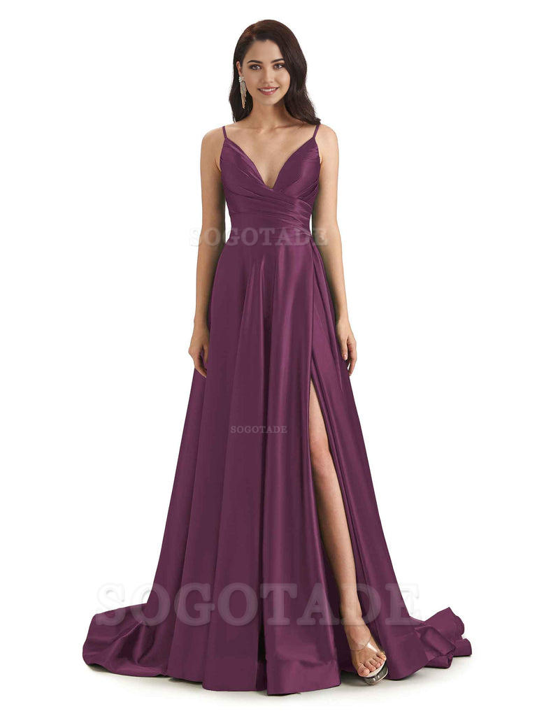 Spaghetti Straps Satin formal dresses evening gown Bridesmaid Dresses With Side Slit 