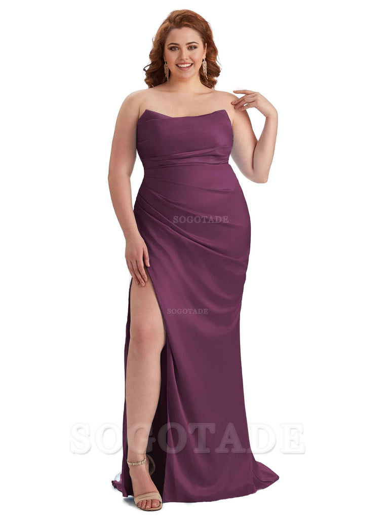 Sexy Side Slit Sleeveless Strapless Mermaid Soft Satin Long Plus Size Bridesmaid Dresses For Wedding