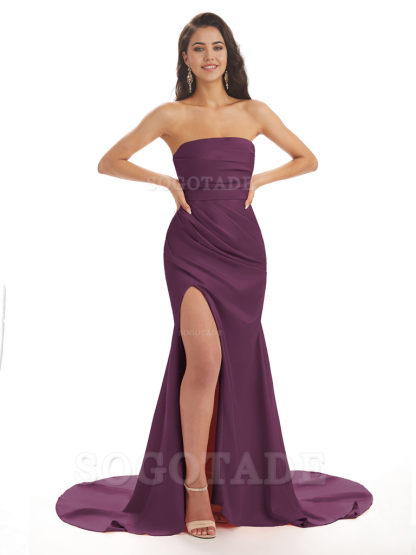 Mermaid Strapless Floor-Length Satin formal dresses evening gown Bridesmaid Dresses With Side Slit 