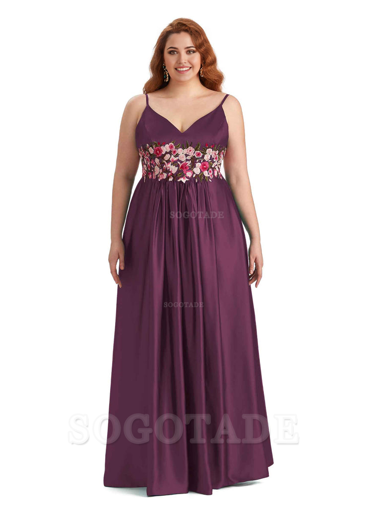 Unique Lace Spaghetti Straps Sleeveless Soft Satin Long Plus Size Bridesmaid Dress For Wedding