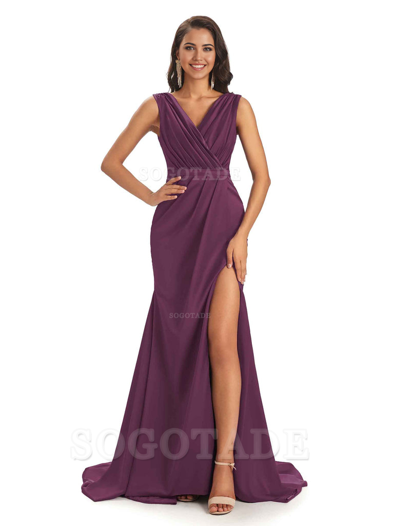 A-line V-neck Floor-Length Satin formal dresses evening gown Bridesmaid Dresses With Side Slit 