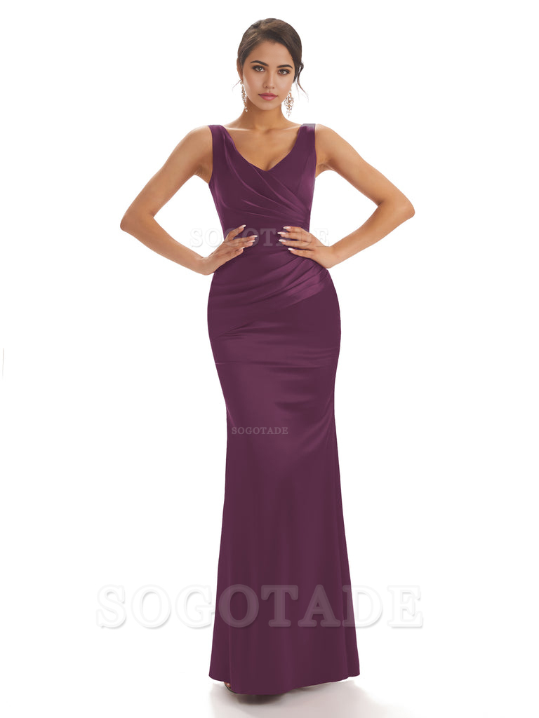 Sheath Sleeveless V-neck Floor-Length Satin formal dresses evening gown Bridesmaid Dresses With Pleats 