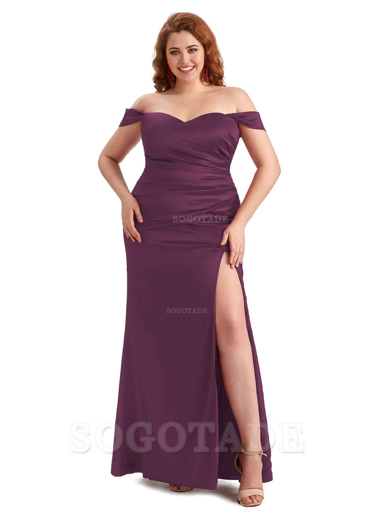Sexy Off The Shoulder Sleeveless Side Slit Mermaid Soft Satin Long Plus Size Bridesmaid Dresses