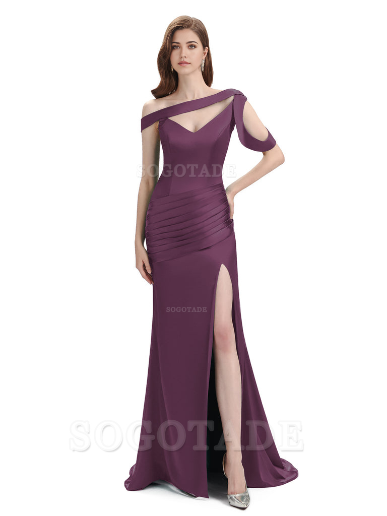 Mermaid V-Neck Satin Floor-Length formal dresses evening gown Bridesmaid Dresses With Side Slit 
