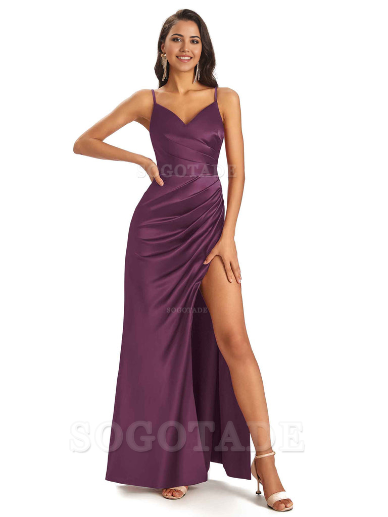 Sheath V-Neck Spaghetti Straps formal dresses evening gown Bridesmaid Dresses With Side Slit 