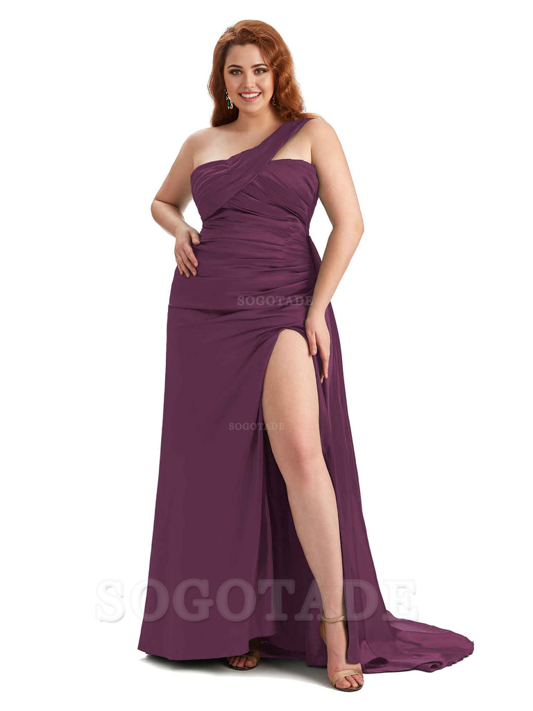  One Shoulder Sleeveless Sexy Side Hight Slit Mermaid Soft Satin Long Plus Size Bridesmaid Gowns