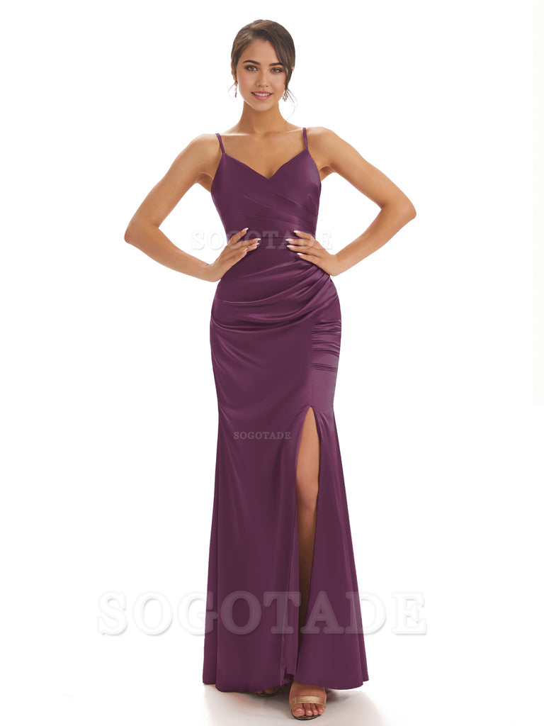 Spaghetti Straps Pleats Satin formal dresses evening gown Bridesmaid Dresses With Side Slit 