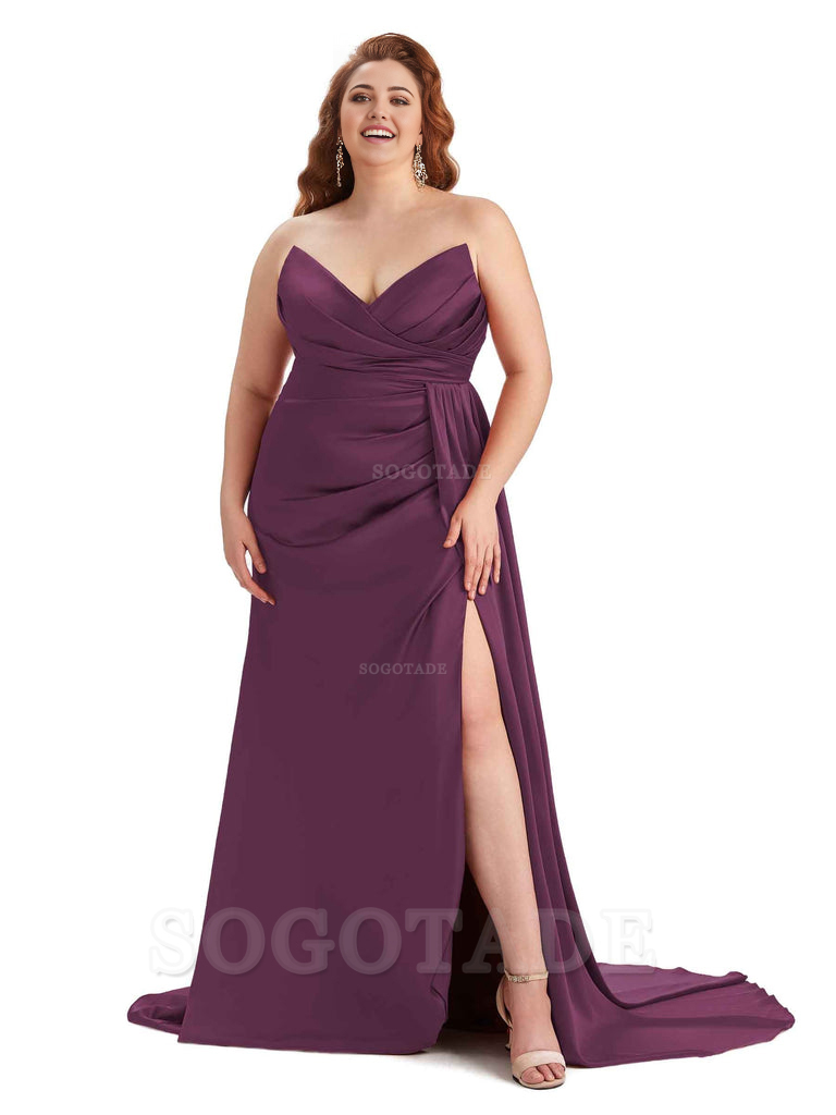 Sexy V-neck Side Slit Sleeveless Mermaid Soft Satin Long Plus Size Bridesmaid Gowns
