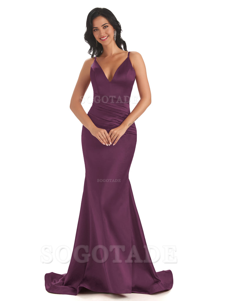 Mermaid Spaghetti V-Neck Straps Satin Long formal dresses evening gown Bridesmaid Dresses With Side Slit 