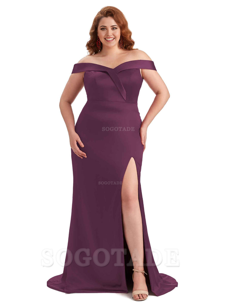 Elegant Off The Shoulder Sleeveless Side Slit Mermaid Soft Satin Long Plus Size Bridesmaid Gowns