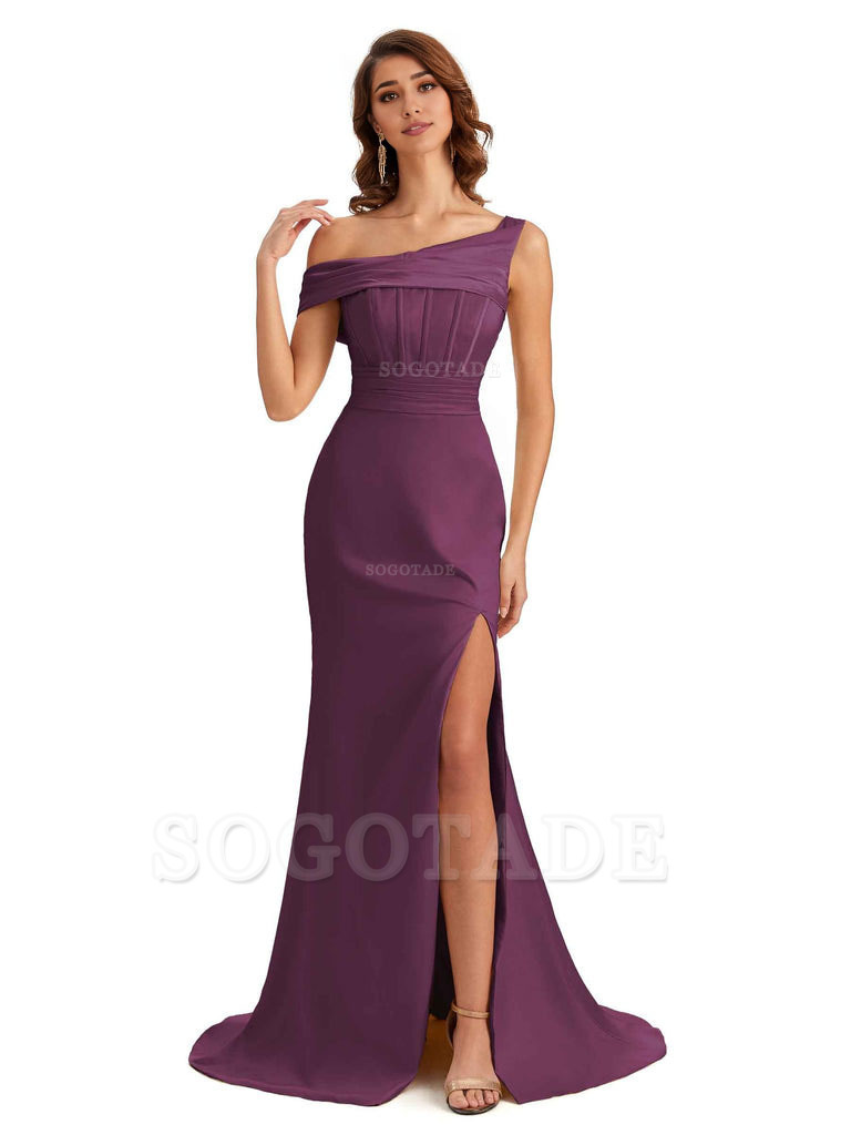 Elegant Asymmetrical Neck Soft Satin Side Slit Long Mermaid Bridesmaid Dresses