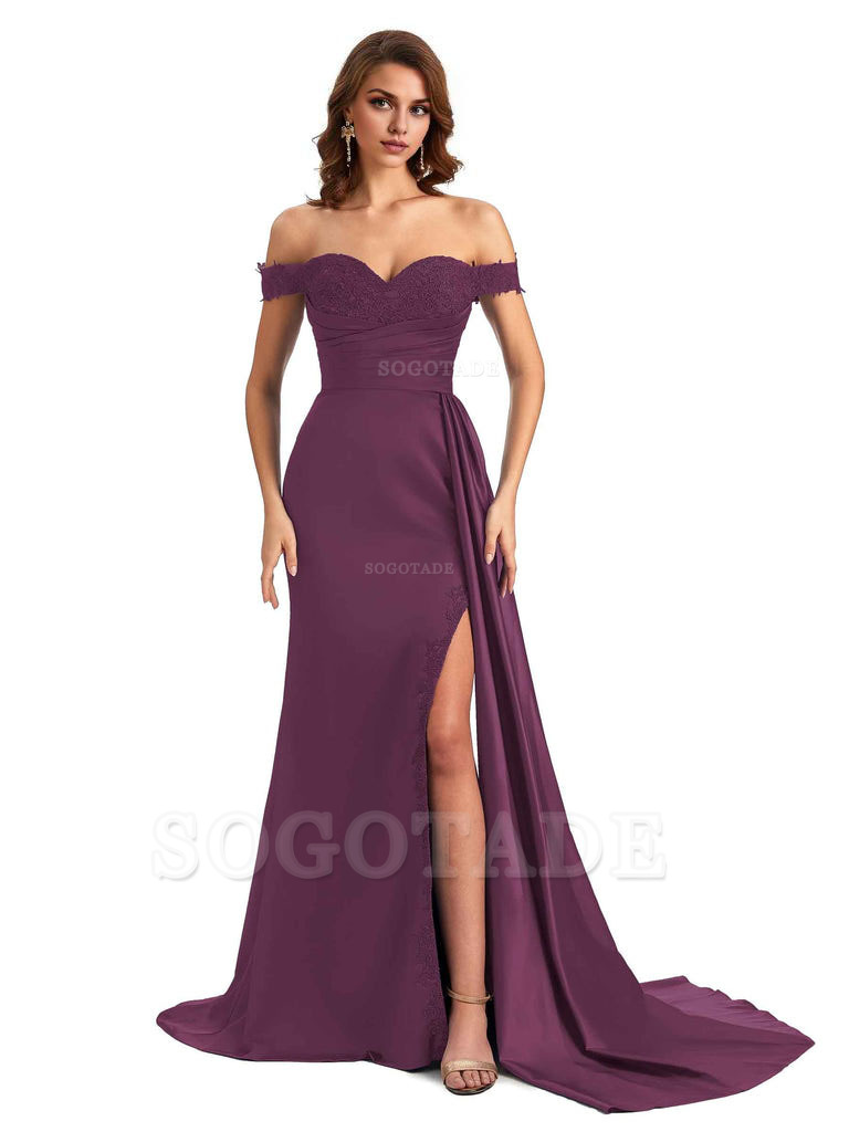 Sexy Off The Shoulder Mermaid Side Slit Silky Satin Long Bridesmaid Dress For Wedding