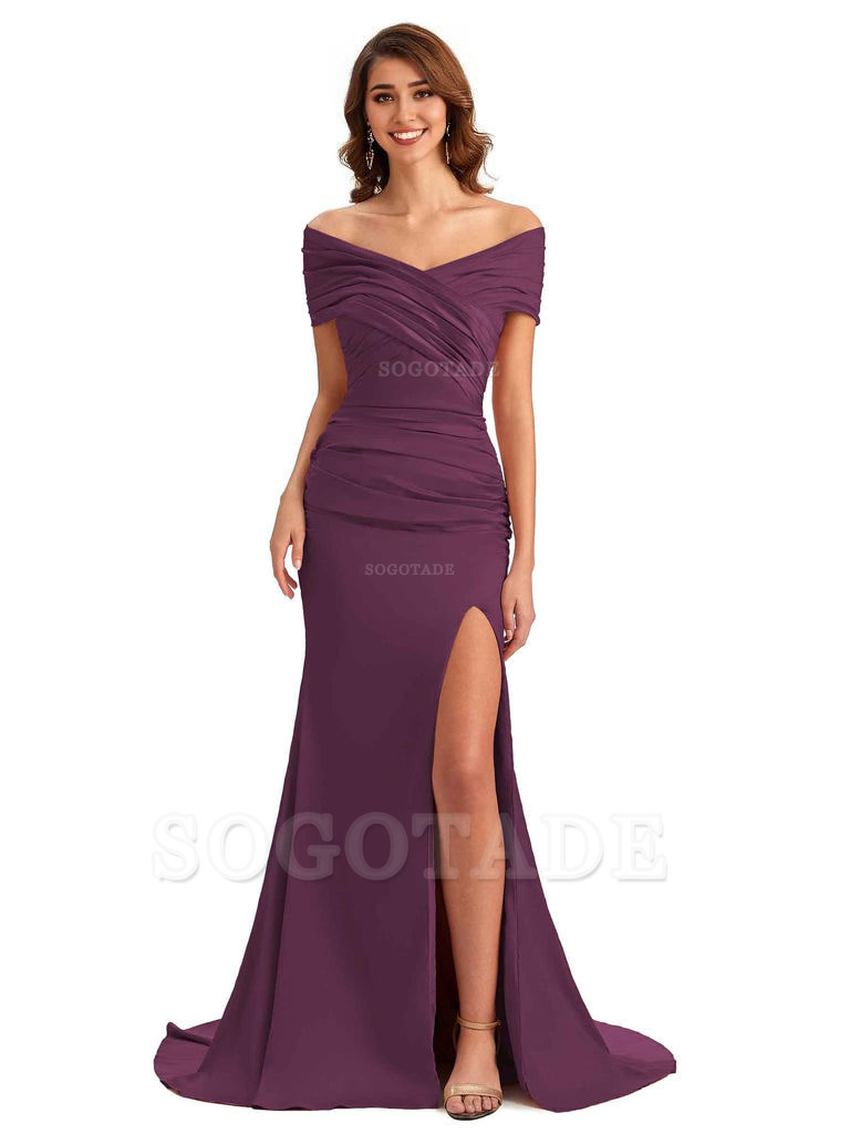 Sexy Off The Shoulder Side Slit Mermaid Satin Unique Long Formal Wedding Guest Dresses