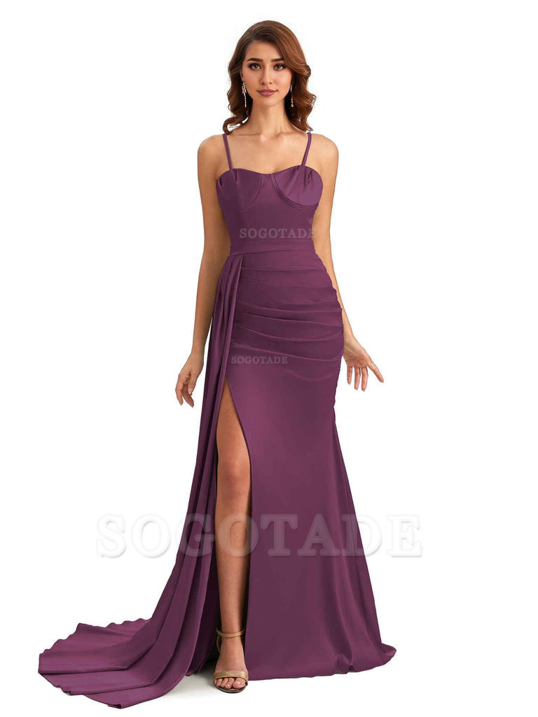 Sexy Spaghetti Straps Side Slit Mermaid Unique Long Bridesmaid Dresses In Satin
