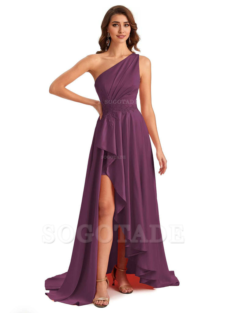 Sexy One Shoulder A-Line High Low Silky Satin Lace Long Formal Wedding Guest Dresses