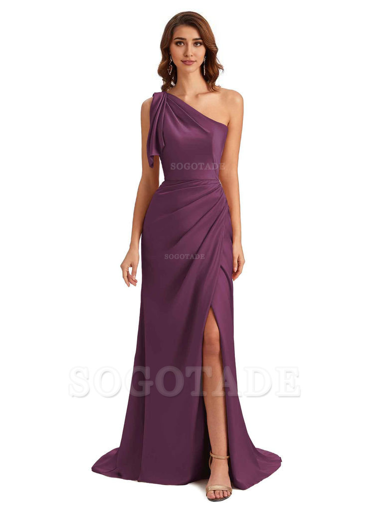 Sexy One Shoulder Mermaid Side Slit Unique Silky Satin Bridesmaid Dresses 