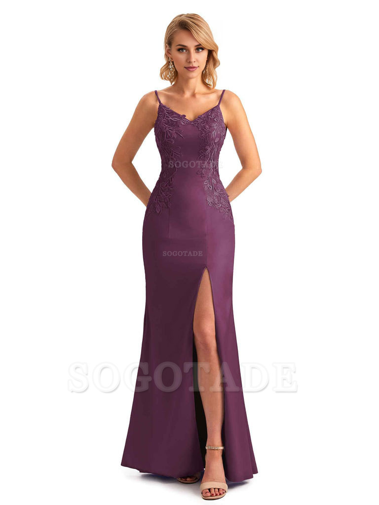 Sexy Side Split Mermaid Spaghetti Straps Soft Satin Unique Lace Long Bridesmaid Dresses