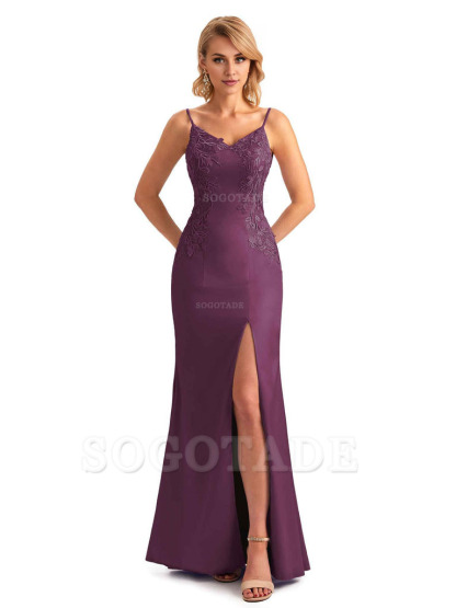 Sexy Side Split Mermaid Spaghetti Straps Soft Satin Unique Lace Long Bridesmaid Dresses