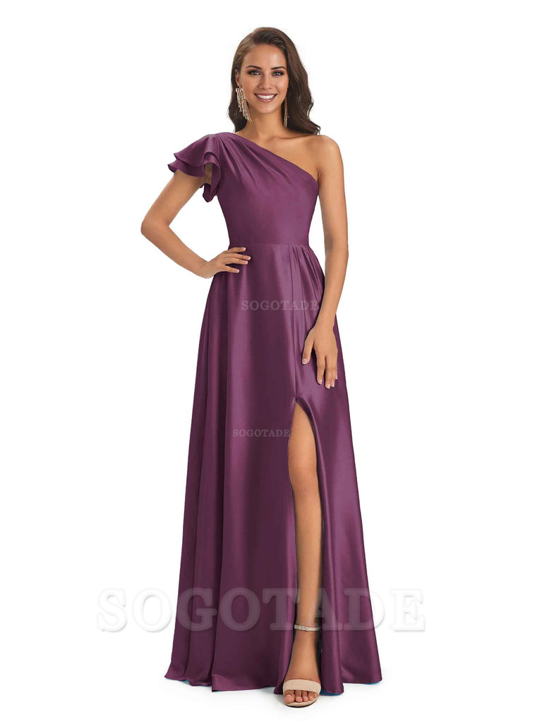 A-Line One Shoulder Ladies Long Bridesmaid Dresses Soft Satin Side Slit Elegant Evening Party Dress