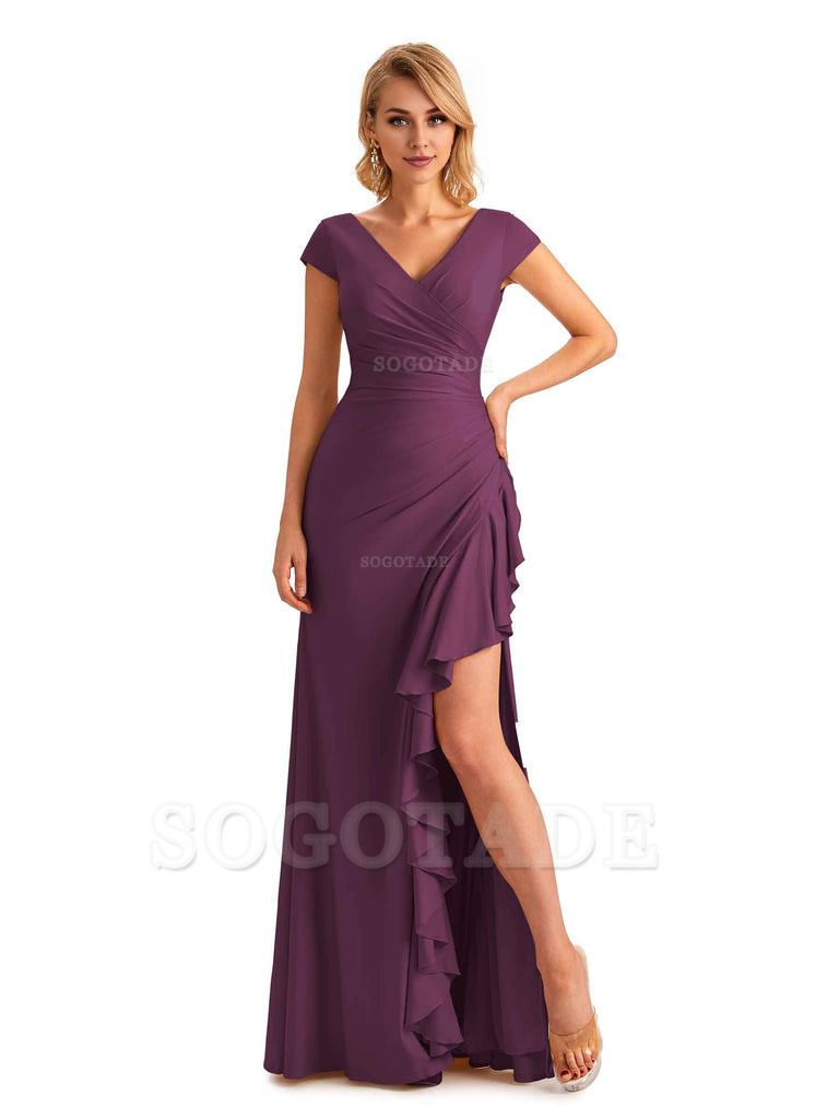 Sexy Side Slit Short Sleeves Mermaid Soft Satin Unique Long Maid Of Honor Dresses