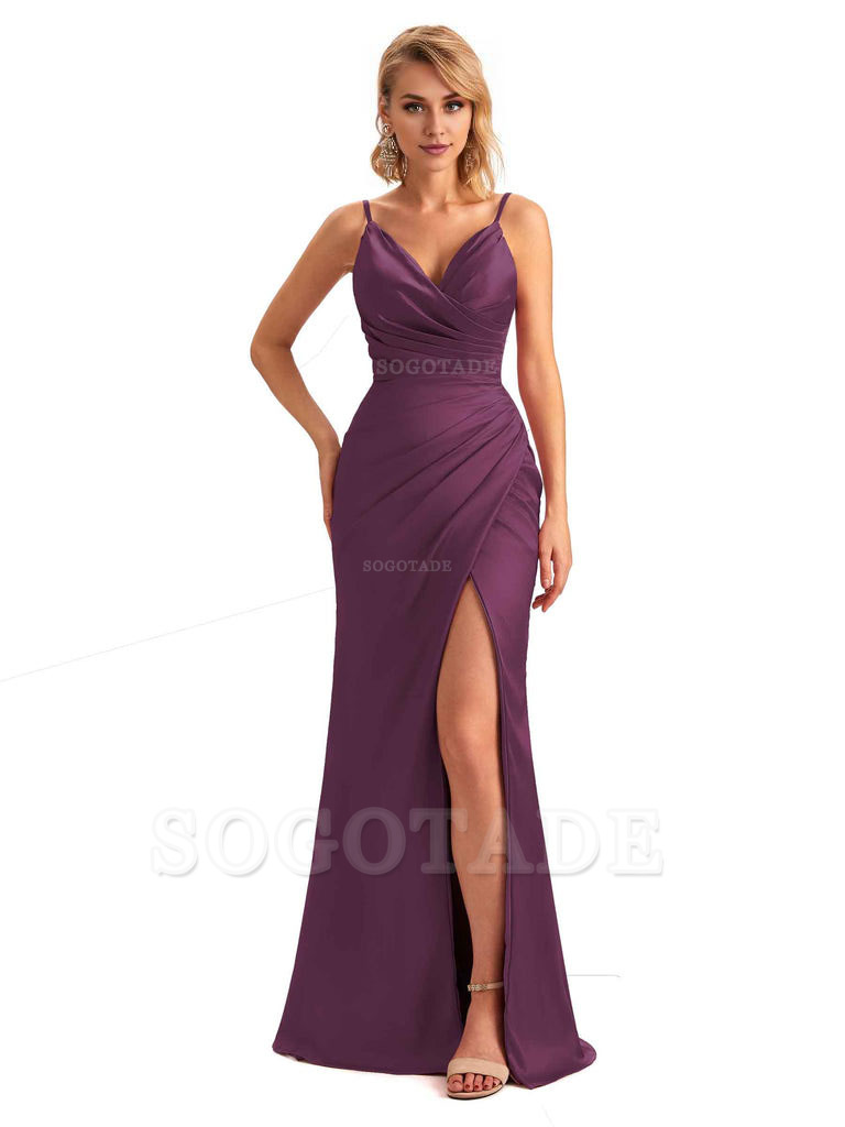 Sexy Side Slit V-Neck Mermaid Silky Satin Unique Long Formal Ladies Bridesmaid Dresses